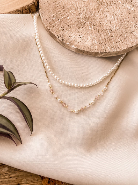 Collar doble Perlas y Murano rosa