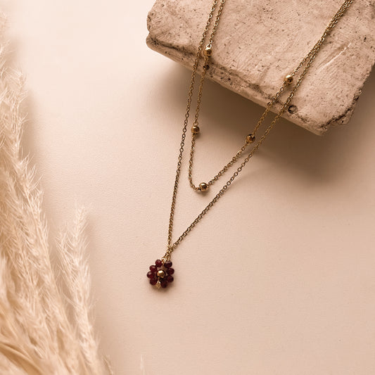 Collar doble flor roja