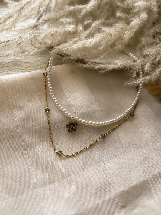 Collar doble Perlas y muranos marrón
