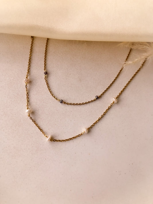 Collar doble Perla de río & Murano lila